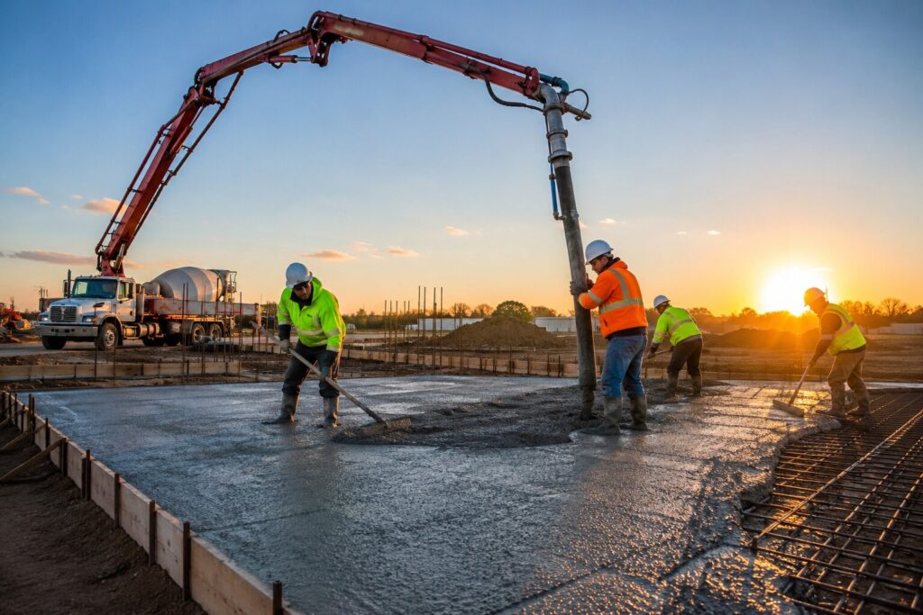 Concrete pumping crew pouring and leveling wet concrete at a construction site